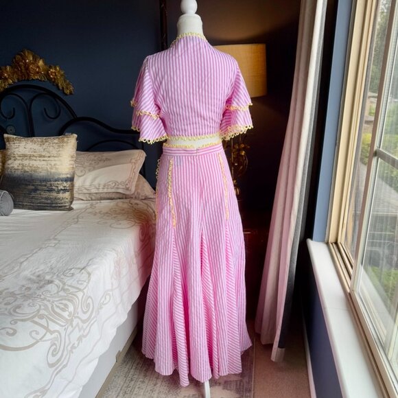 Pink and White Striped w Yellow Trim Flounce Tie Top and Maxi Skirt Set - Picture 7 of 15